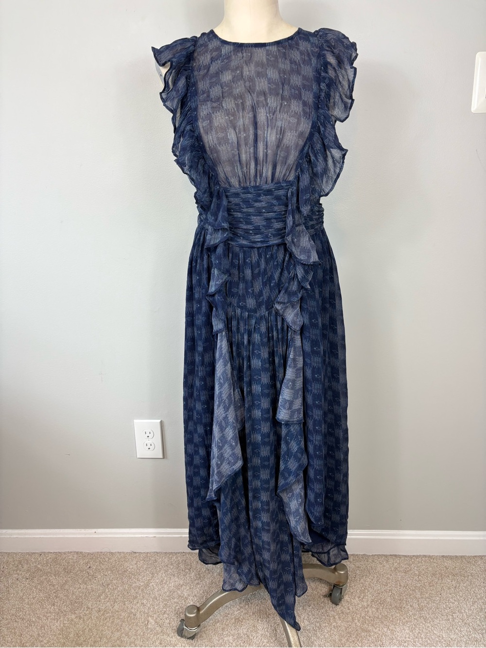 Free People New Romantics Dress Sz 2 Boho Ruffled Ikat Print Blue‎